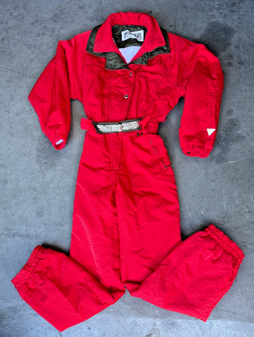 Fera Skiwear Vintage Ski Suit Womens Sz 10 Red One Piece Snowsuit Belted Aztec